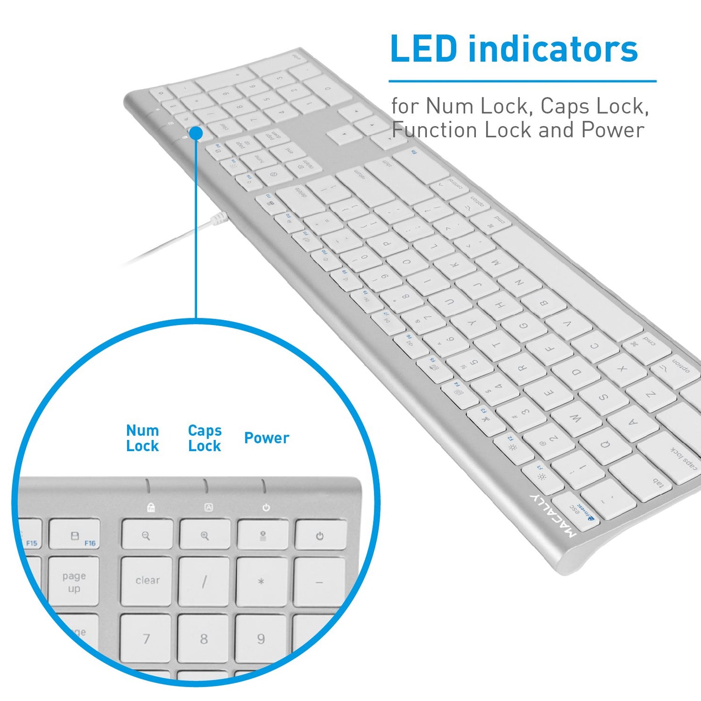 Macally Ultra-Slim USB Wired Computer Keyboard for Apple MacBook Pro, Air, iMac, Mac Mini, Windows PC Laptops/Desktops and Notebooks, Plug and Play, Silver