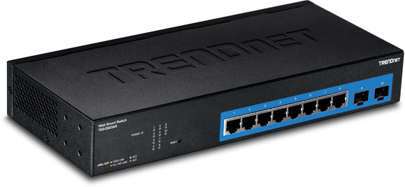 TRENDnet 10-Port Gigabit Web Smart Switch, 20 Gbps Switching Capacity, 8 x RJ-45 Ports, 2 x SFP, Slots, VLAN, QoS, LACP, IPv6 Support, Fanless, Rack Mountable, TEG-082WS