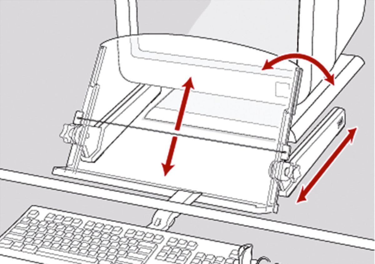 3M Adjustable Document Copy Holder, In-line with Monitor Minimizing Head and Neck Movement, 300 Sheet Capacity Holds Sheets to Books, Elastic Line Guide Keeps Pages Open, 18" Wide, Black (DH640)