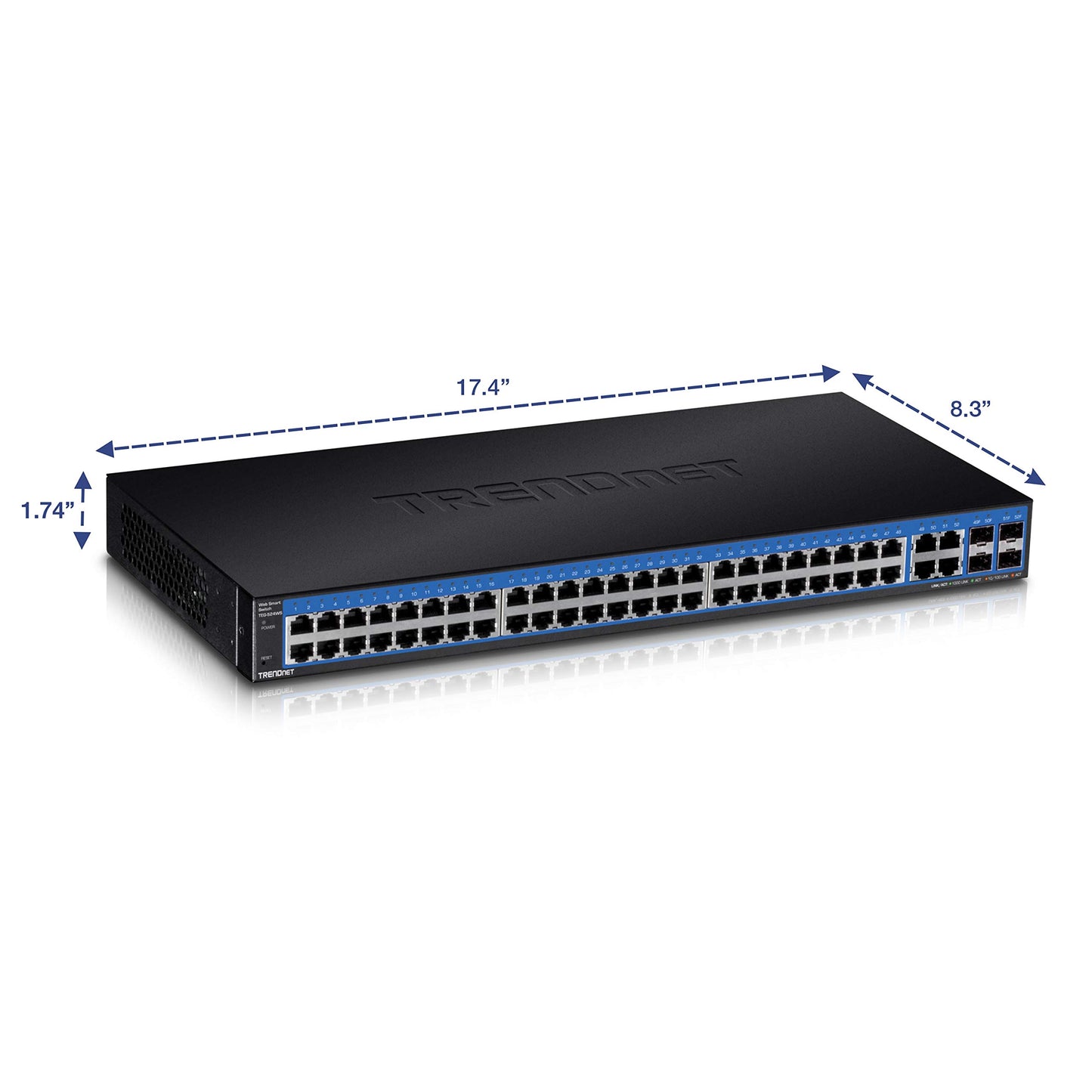 TRENDnet 52-Port Gigabit Web Smart Switch, 48 Gigabit RJ-45 Ports, 4 Shared Gigabit Ports (RJ-45 or SFP), VLAN, QoS, LACP, IPv6, Lifetime Protection, TEG-524WS