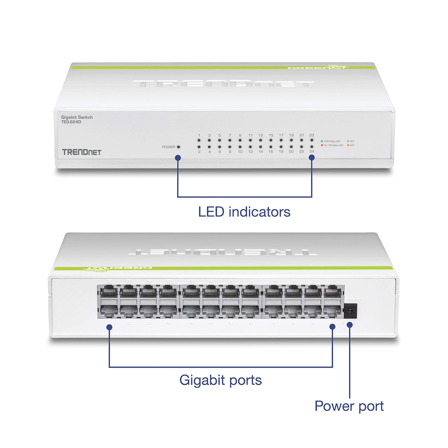 TRENDnet 24-Port Gigabit GREENnet Switch, QoS, 48 Gbps Switching Fabric, Fanless, Plug & Play, Half & Full Duplex, TEG-S24D