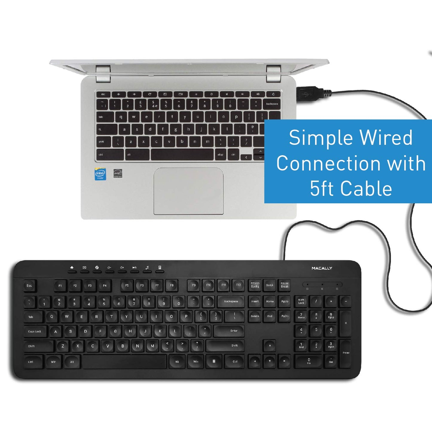 Macally USB Wired Keyboard for PC, Desktop Computer, Laptop, Notebook, ChromeBook - Ultra Slim Full Size Keyboard with Numeric Keypad - Compatible with Windows 10/8/7/Vista/XP, etc.