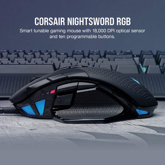 Corsair Nightsword RGB, Performance Tunable FPS/MOBA Gaming Mouse, Black, Backlit RGB LED, 18000 DPI, Optical