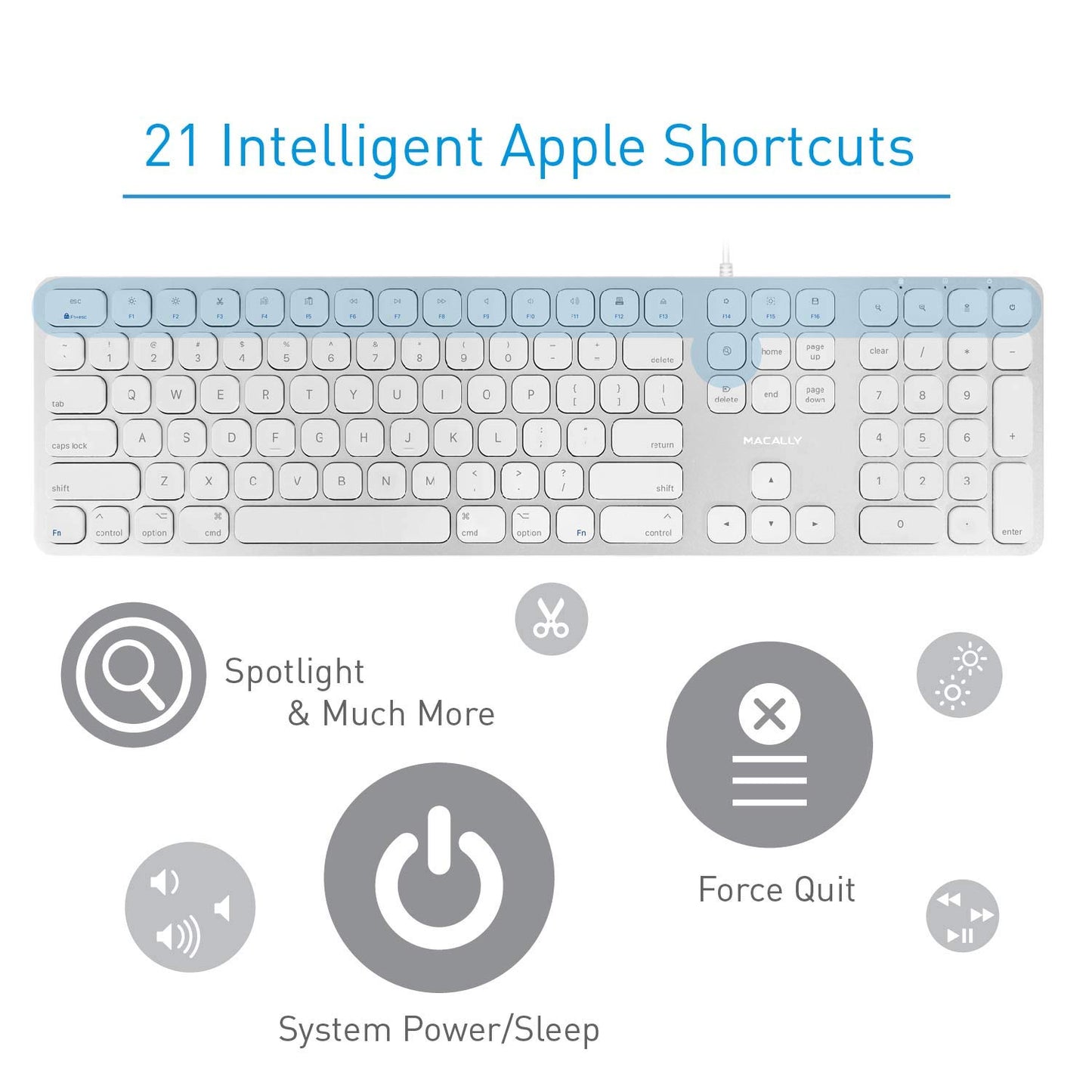 Macally Mac Keyboard Full-Size & Number Keypad (Metal Frame) 2 USB Ports Hub & Wired USB Cable - Apple Computer Keyboards for Mac, Pro, MacBook, Pro, Air Laptops (Silver Aluminum) MLUXKEYA