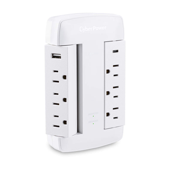 CyberPower CSP600WSURC5 Professional Surge Protector, 900J/125V, 6 Swivel Outlets, 1 USB-C Charge Port, 1 USB-A Charge Port, White Wall Tap