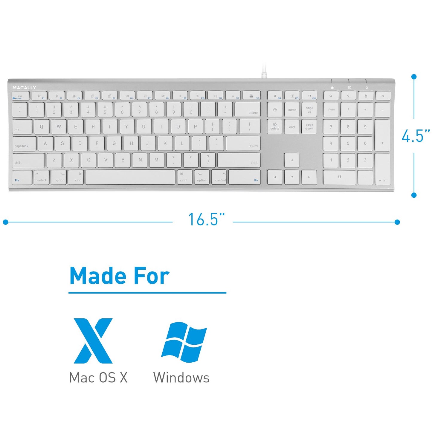 Macally Ultra-Slim USB Wired Computer Keyboard for Apple MacBook Pro, Air, iMac, Mac Mini, Windows PC Laptops/Desktops and Notebooks, Plug and Play, Silver