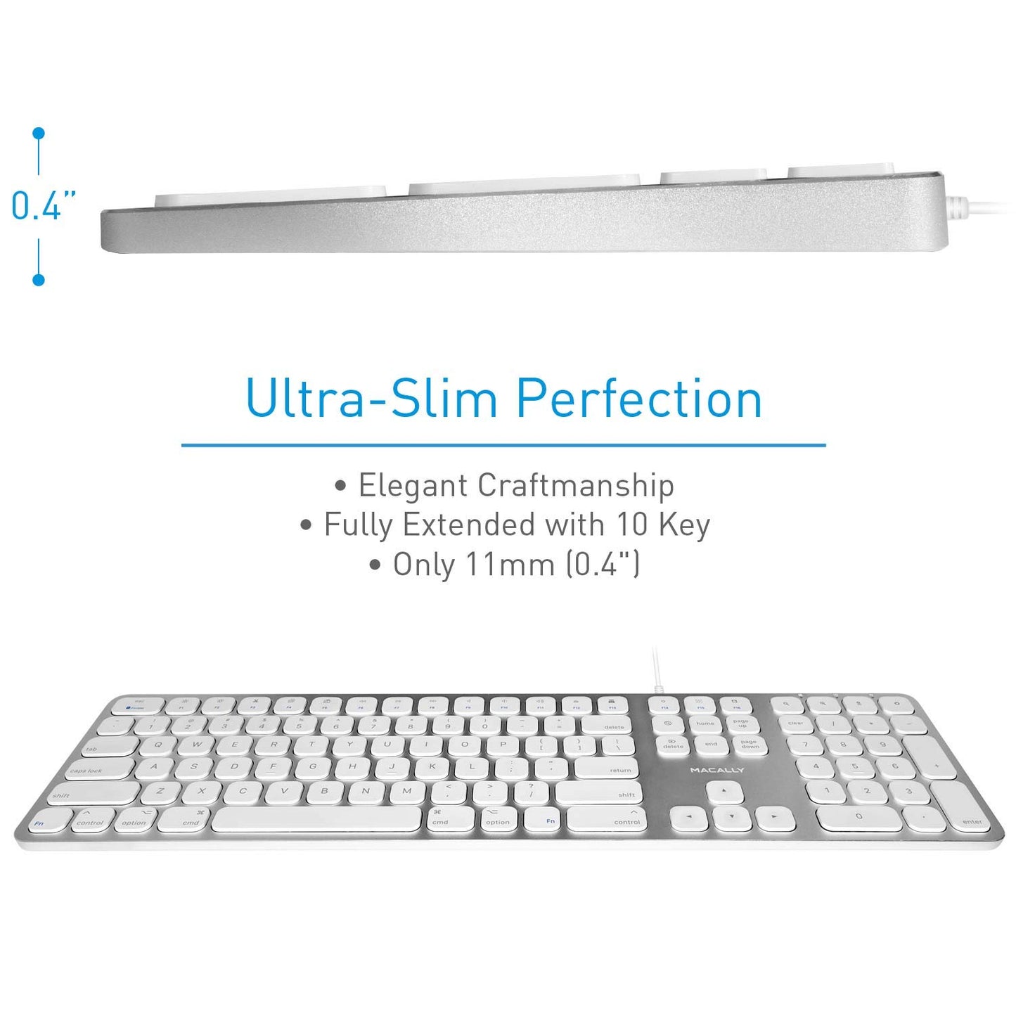 Macally Mac Keyboard Full-Size & Number Keypad (Metal Frame) 2 USB Ports Hub & Wired USB Cable - Apple Computer Keyboards for Mac, Pro, MacBook, Pro, Air Laptops (Silver Aluminum) MLUXKEYA
