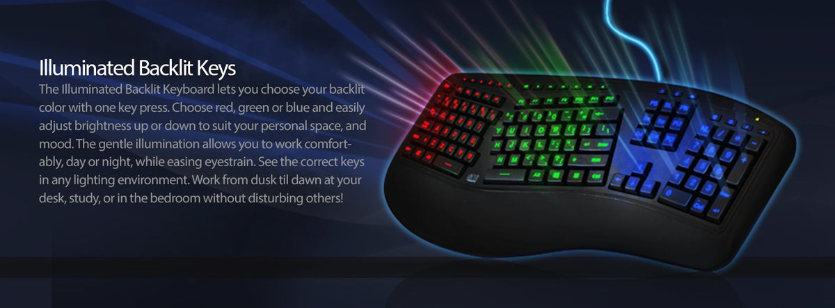 Adesso AKB-150EB - 3-Color Illuminated Backlit Large Print Ergonomic Keyboard, Wired, Multimedia Hotkeys, Split Keys Design, Built-in Palm Rest for Comfort - Compatible for PC & Windows XP/7/8/10