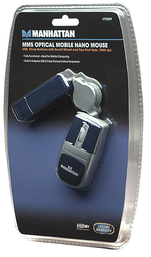 Manhattan 177559 Mm5 Optical Mobile Nano Mouse, Blue/Silver