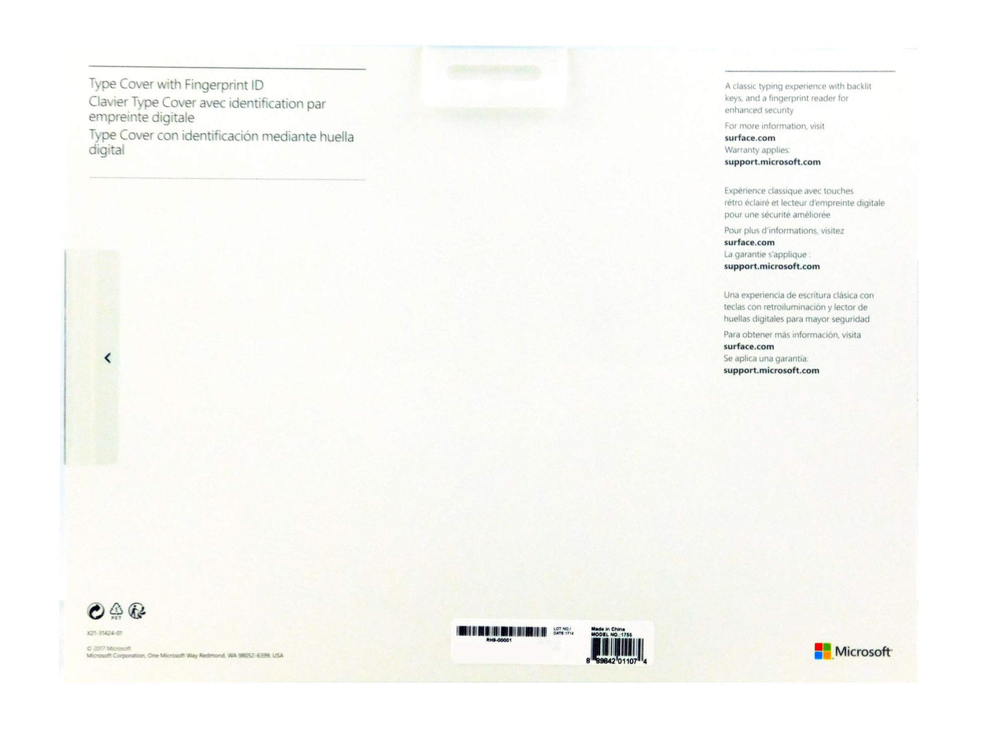 Microsoft Model 1755 (RH9-00001) (295 x 217 x 5 mm) Surface Pro Type Cover with Fingerprint ID, Black