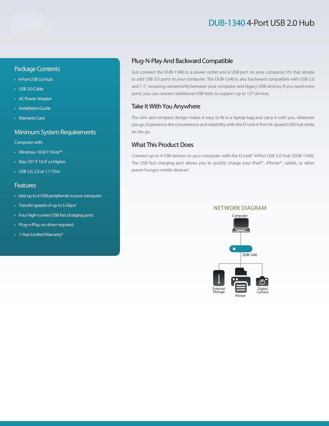 D-Link 4-Port SuperSpeed USB 3.0 Hub (DUB-1340)