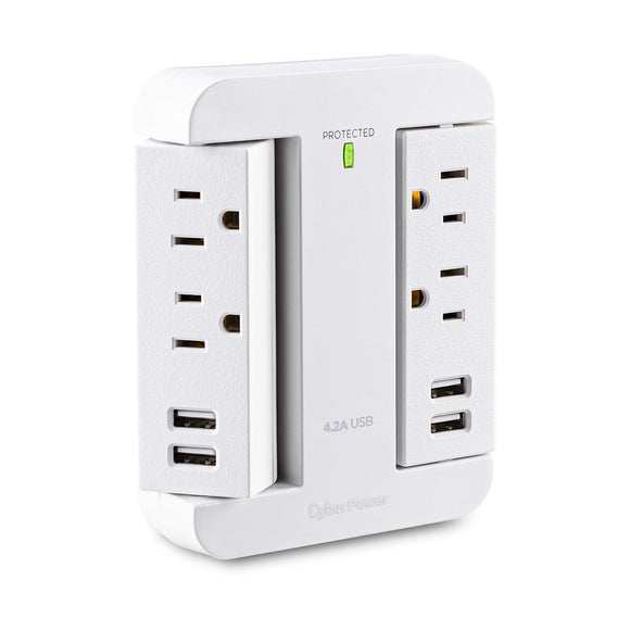 CyberPower P4WSU Professional Surge Protector, 900J/125V, 4 Swivel Outlets, 4 USB-A Charge Ports, White Wall Tap