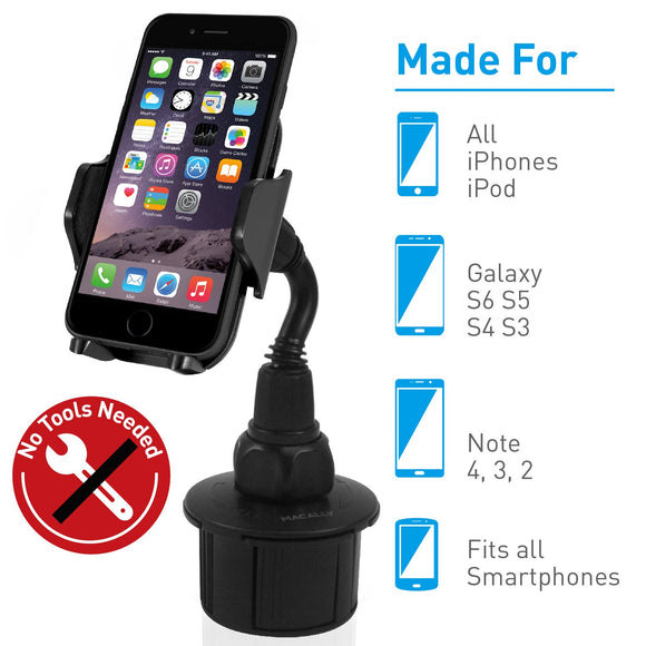 Macally Adjustable Automobile Cup Holder Phone Mount for iPhone Xs XS Max XR X 8 8+ 7 7 Plus 6s Plus 6s SE Samsung Galaxy S10 S10E S9 S9+ S8 S7 Edge S6 Note 5, Xperia, iPod, Smartphone, GPS (MCUPMP)