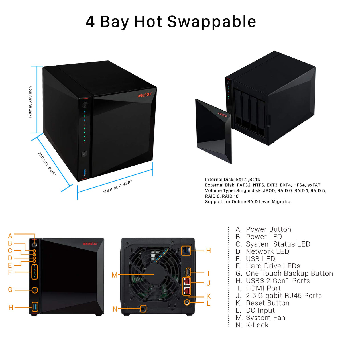 Asustor AS5304T | Gaming Inspired Network Attached Storage | 1.5GHz Quad-Core, Two 2.5GbE Port, 4GB RAM DDR4, 4GB eMMC Flash Memory | Personal Private Cloud (4 Bay Diskless NAS)