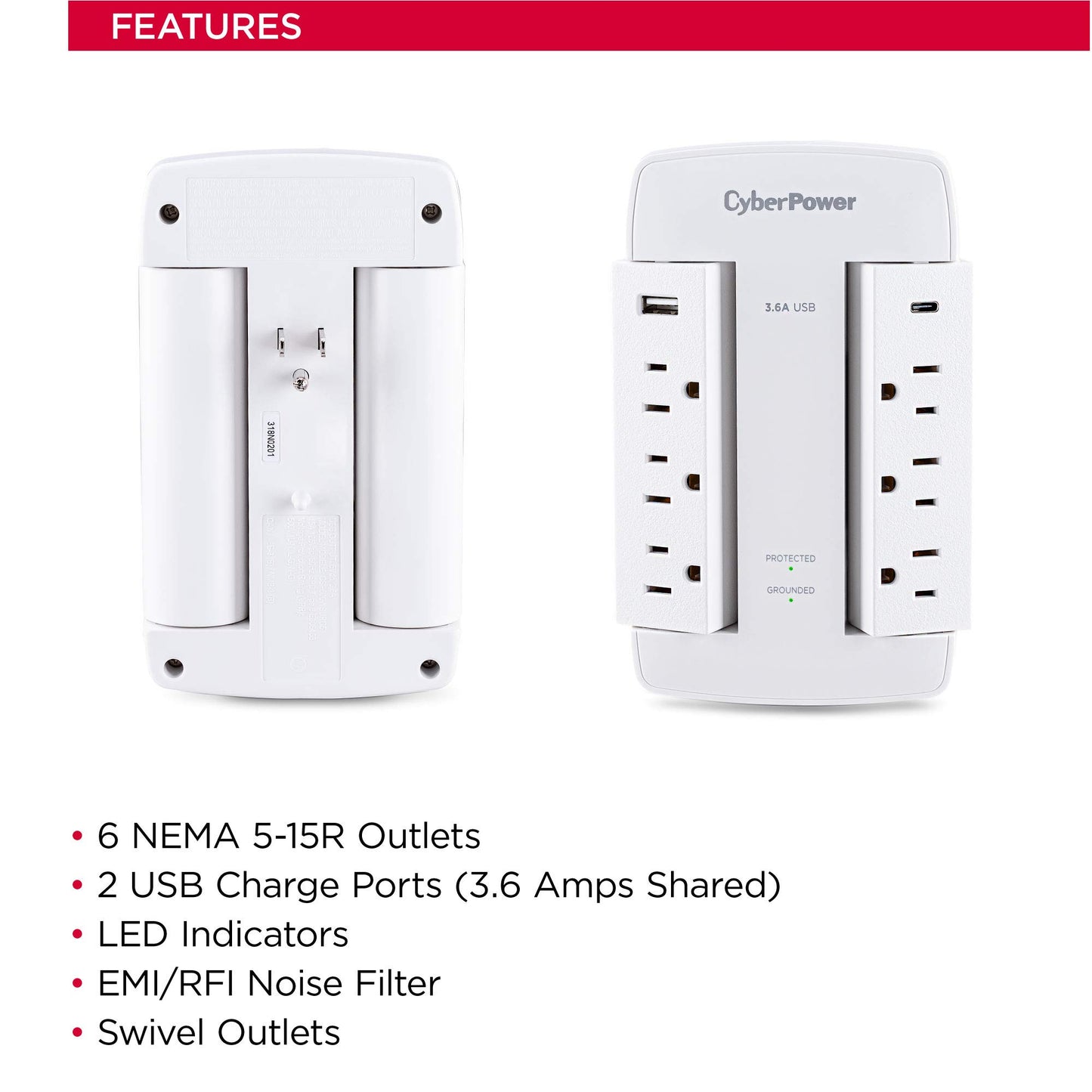 CyberPower CSP600WSURC5 Professional Surge Protector, 900J/125V, 6 Swivel Outlets, 1 USB-C Charge Port, 1 USB-A Charge Port, White Wall Tap