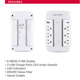 CyberPower CSP600WSURC5 Professional Surge Protector, 900J/125V, 6 Swivel Outlets, 1 USB-C Charge Port, 1 USB-A Charge Port, White Wall Tap