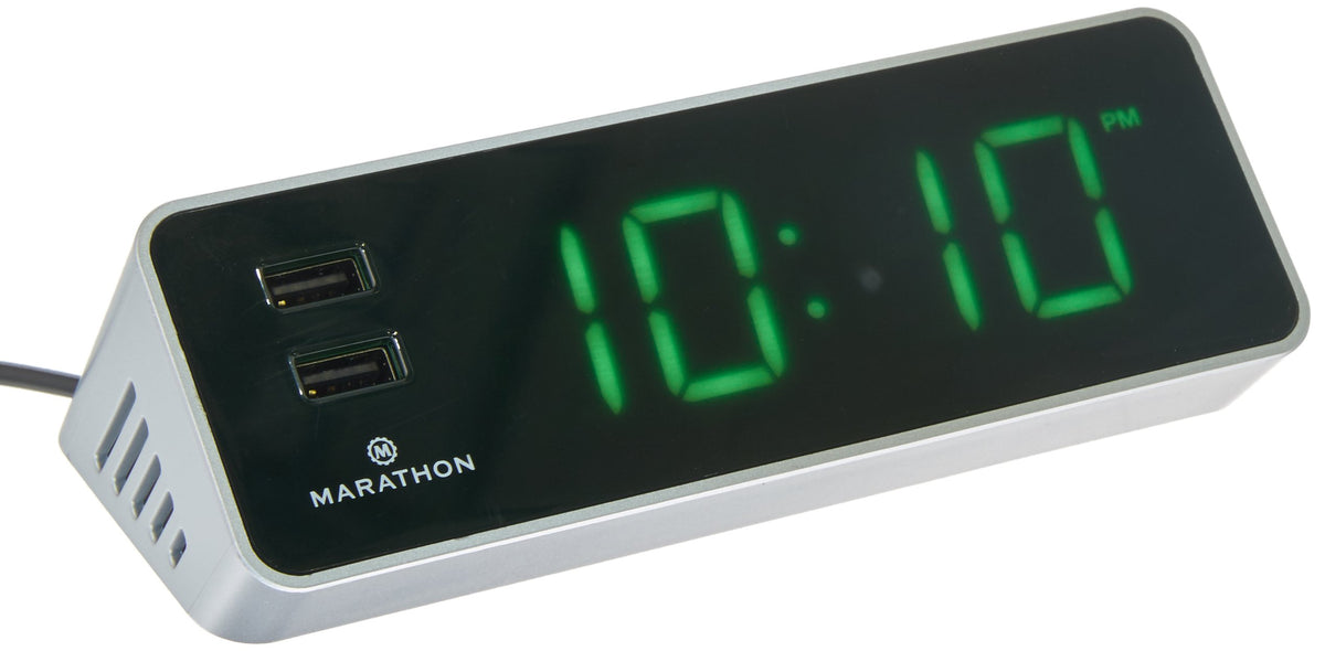 Marathon LED Alarm Clock with Two Fast Charging, Front Facing USB Ports