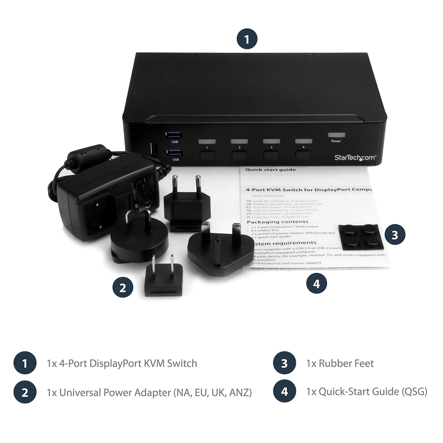 StarTech.com 4 Port DisplayPort KVM Switch w/ Audio & USB Hub - 4K 60Hz - Keyboard, Video, Mouse Computer Switch Box for DP Monitor (SV431DPUA2)