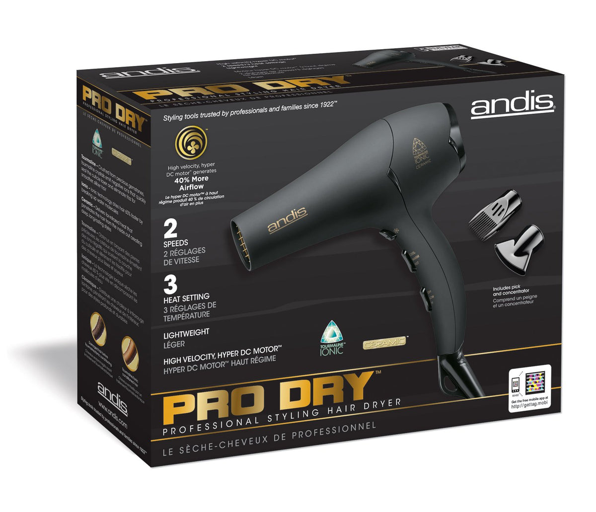 Andis 1875-Watt Tourmaline Ceramic Ionic Hair Dryer, Black (80480)