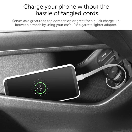 Aluratek Car Charger (4.8A) with Built-in USB Type-C Rolling Ribbon Cable and USB Charging Port (AUCACF)