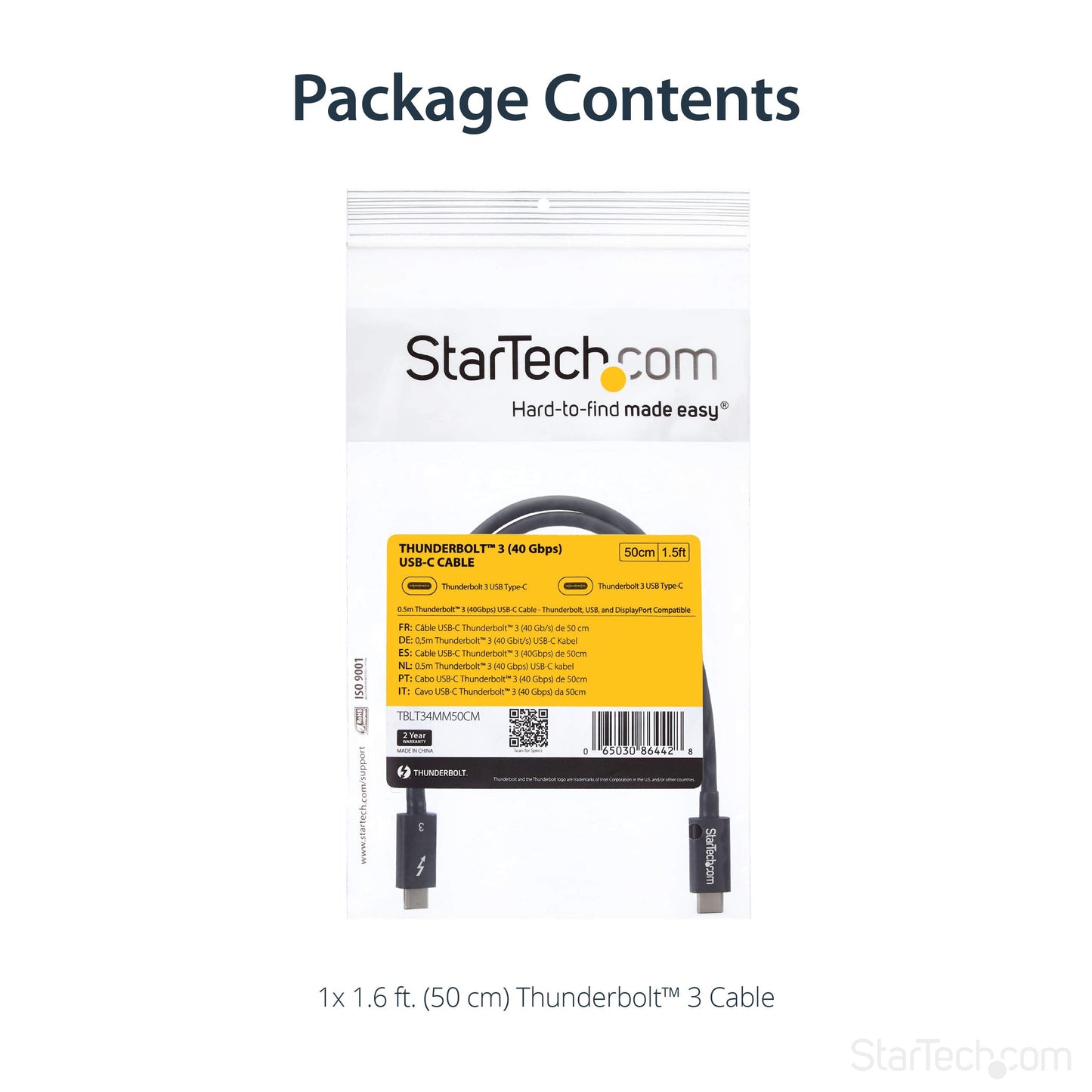 StarTech TBLT34MM50CM.com Thunderbolt 3 Cable - 40Gbps - Daisy Chainable - Passive - USB C Cable - USB-C Thunderbolt to Thunderbolt Cable