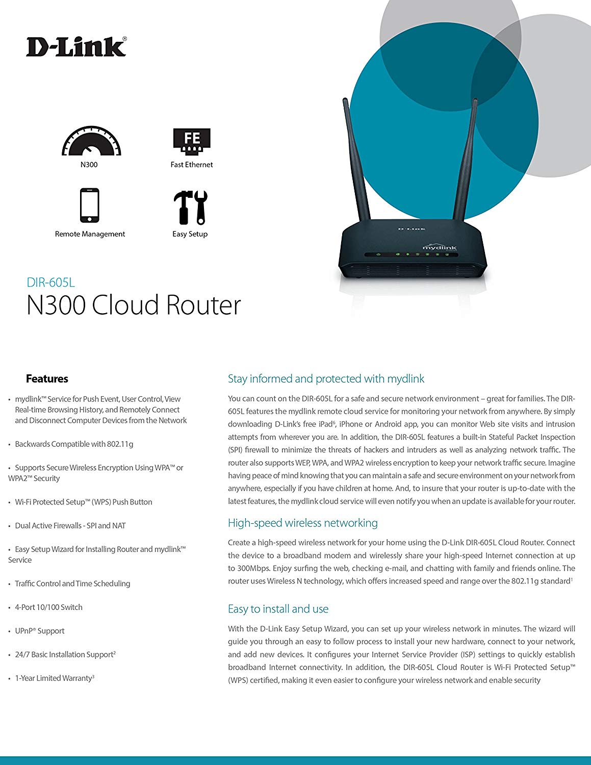 D-Link Wireless N 300 Mbps Home Cloud App-Enabled Broadband Router (DIR-605L)