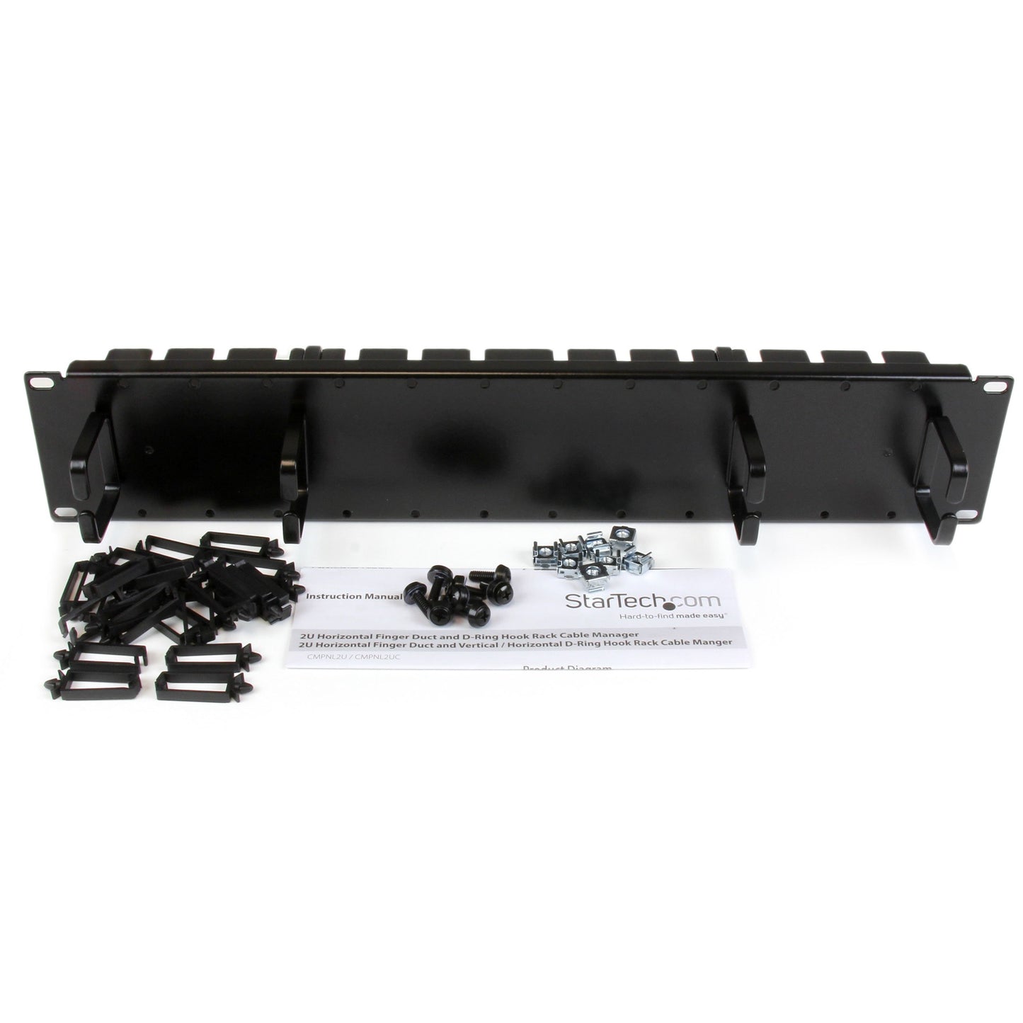 StarTech.com 2U Double-Sided Horizontal Cable Management Panel with Finger Duct & D-Ring Hooks - Rack Cable Organizer/Manager (CMPNL2U)