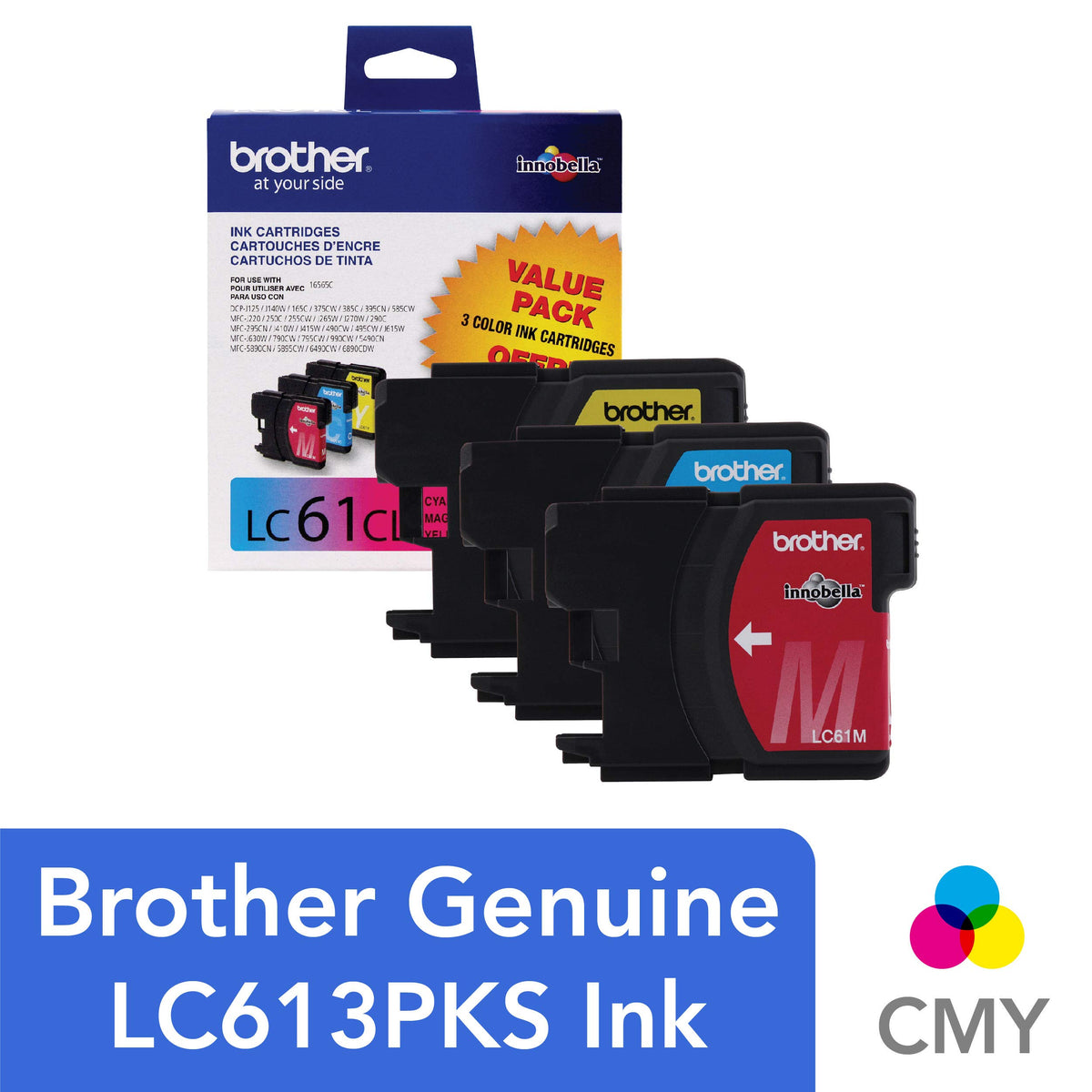 Brother Genuine Standard Yield Color Ink Cartridges, LC613PKS, Replacement 3 Pack of Color Ink, Includes 1 Cartridge Each of Cyan, Magenta & Yellow, Page Yield Up To 325 Pages/Cartridge, LC61