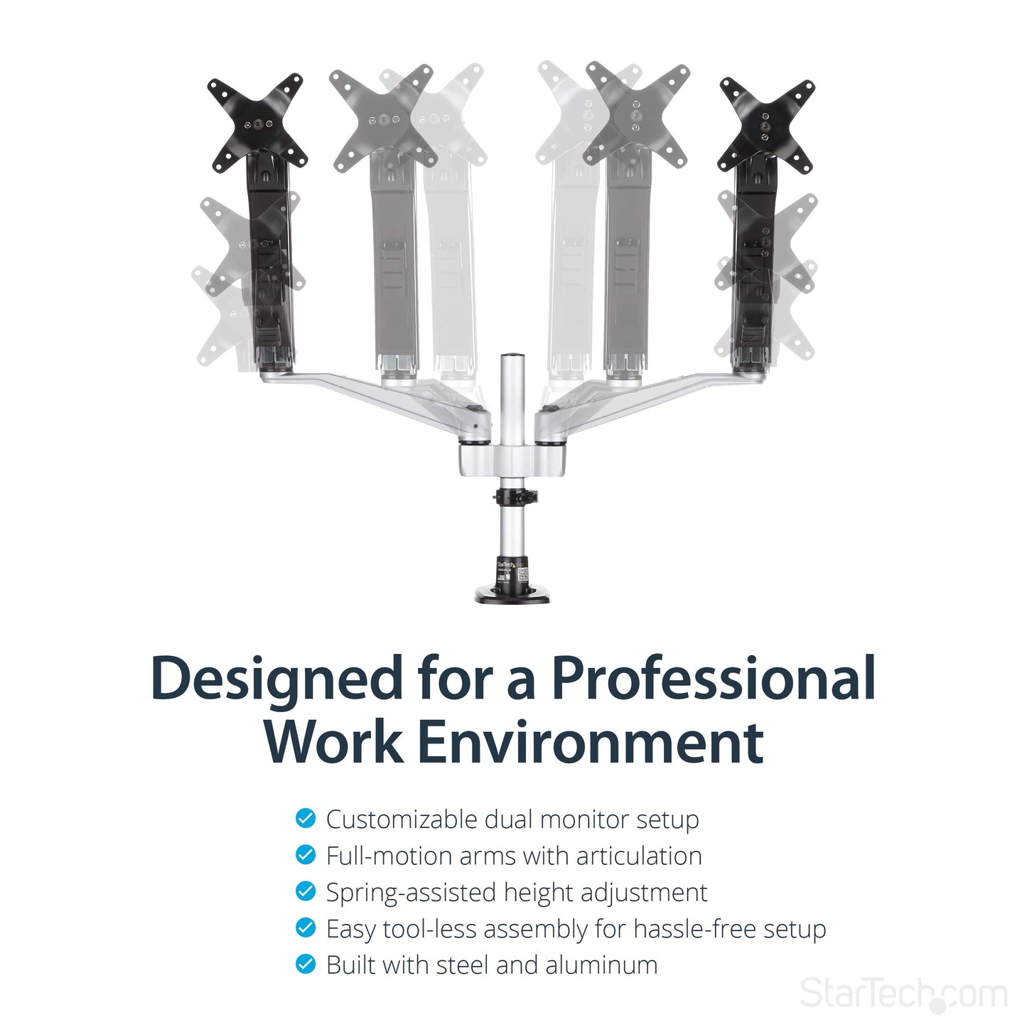 StarTech.com Desk Mount Dual Monitor Arm - Articulating - Supports VESA Monitors 12'' to 30'' - Adjustable - Grommet / Desk Mount - Premium - Silver (ARMDUAL30)