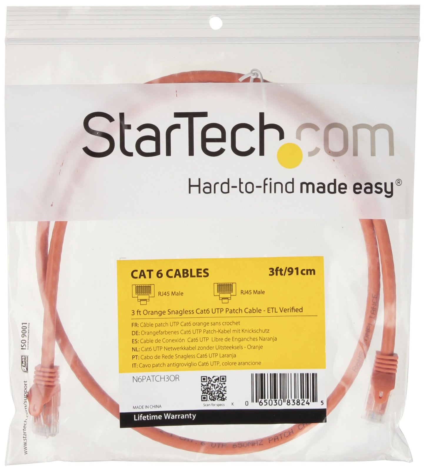 StarTech.com N6PATCH3OR Gigabit Snagless RJ45 UTP Cat6 Patch Cable, 3-Feet (Orange)