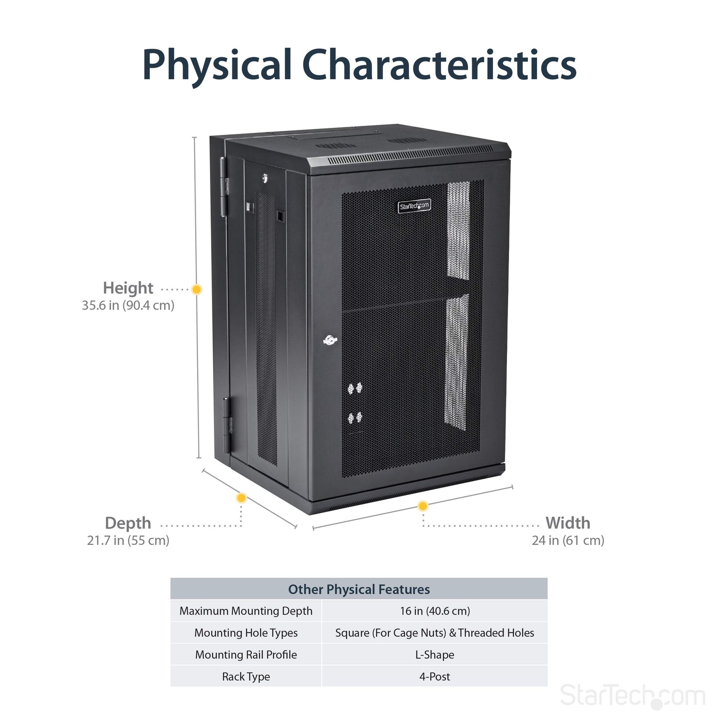 StarTech.com 18U Wall Mount Network Switch Cabinet - 4-Post Adjustable Depth (2" to 16") Fully Secure IT Cabinet w/ Cable Management 200lb / 90kg (RK1820WALHM)