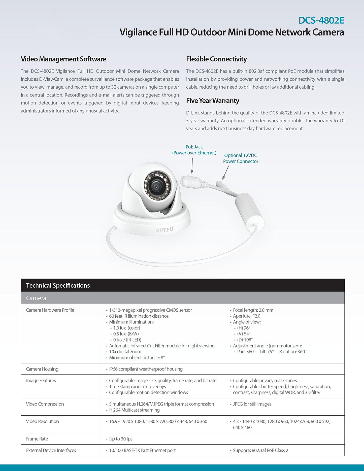 D-Link DCS-4802E Vigilance Full-HD Mini Dome Camera, White