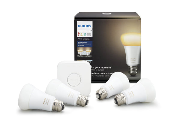 Hue Ambiance A19 Starter Kit 4 Pack (Compatible with Amazon Alexa, Apple Home Kit and Google Assistant)