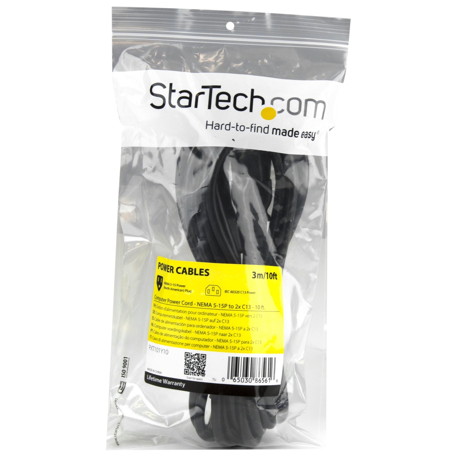 StarTech.com PXT101Y10 10 Ft Computer Power Cord-NEMA 5-15P to 2X C13 Y-Cable, Black