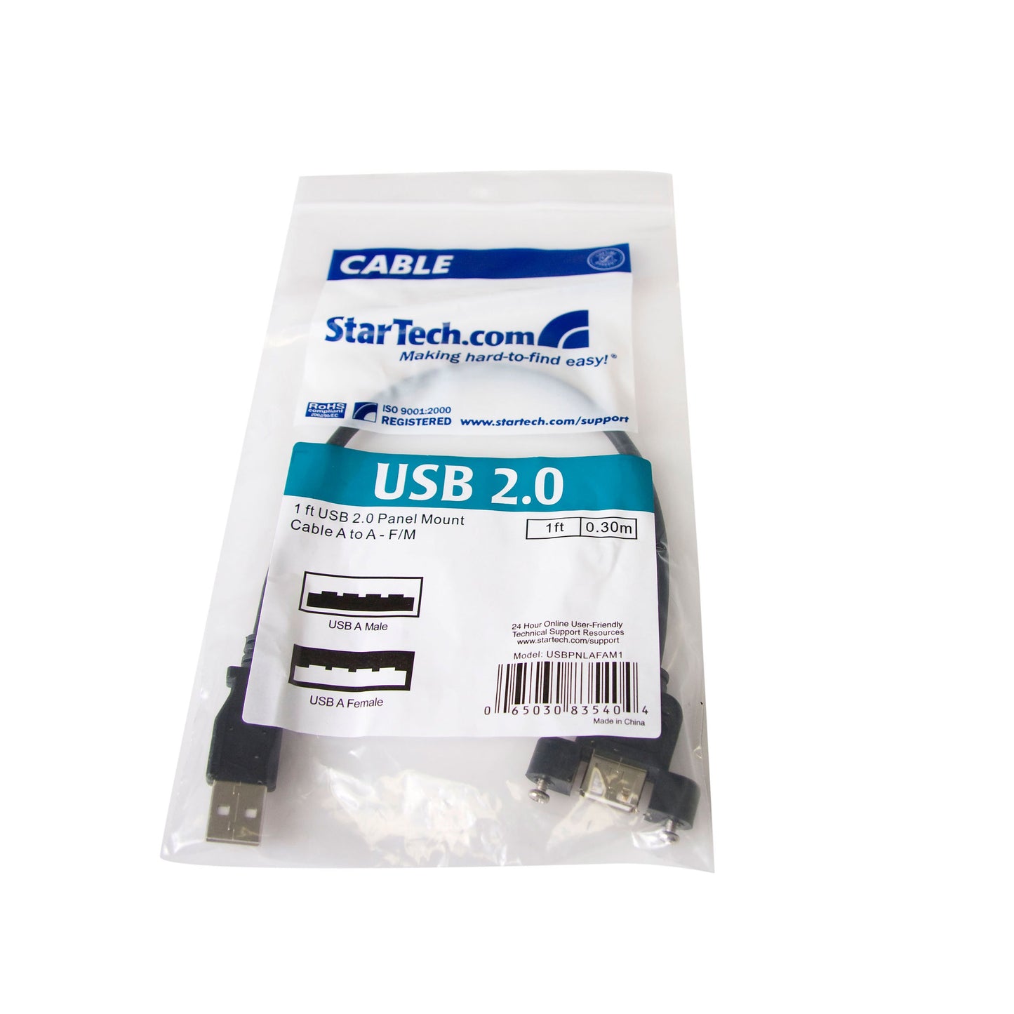 StarTech.com 1 ft Panel Mount USB Cable A to A - F/M - USB extension cable - USB (M) to USB (F) - USB 2.0 - 1 ft - molded, thumbscrews - black - USBPNLAFAM1
