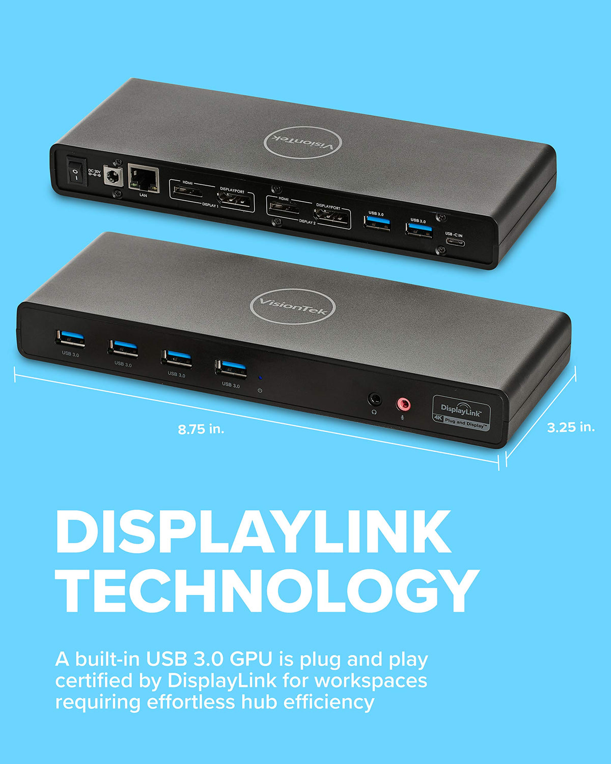 VisionTek VT5000 Dual 4K Thunderbolt 3 Monitor Laptop Docking Station, 87W Power Delivery, Plug and Play, HDMI, DisplayPort, USB 3.0 Ports, RJ45 Gigabit Ethernet, VGA (901227)