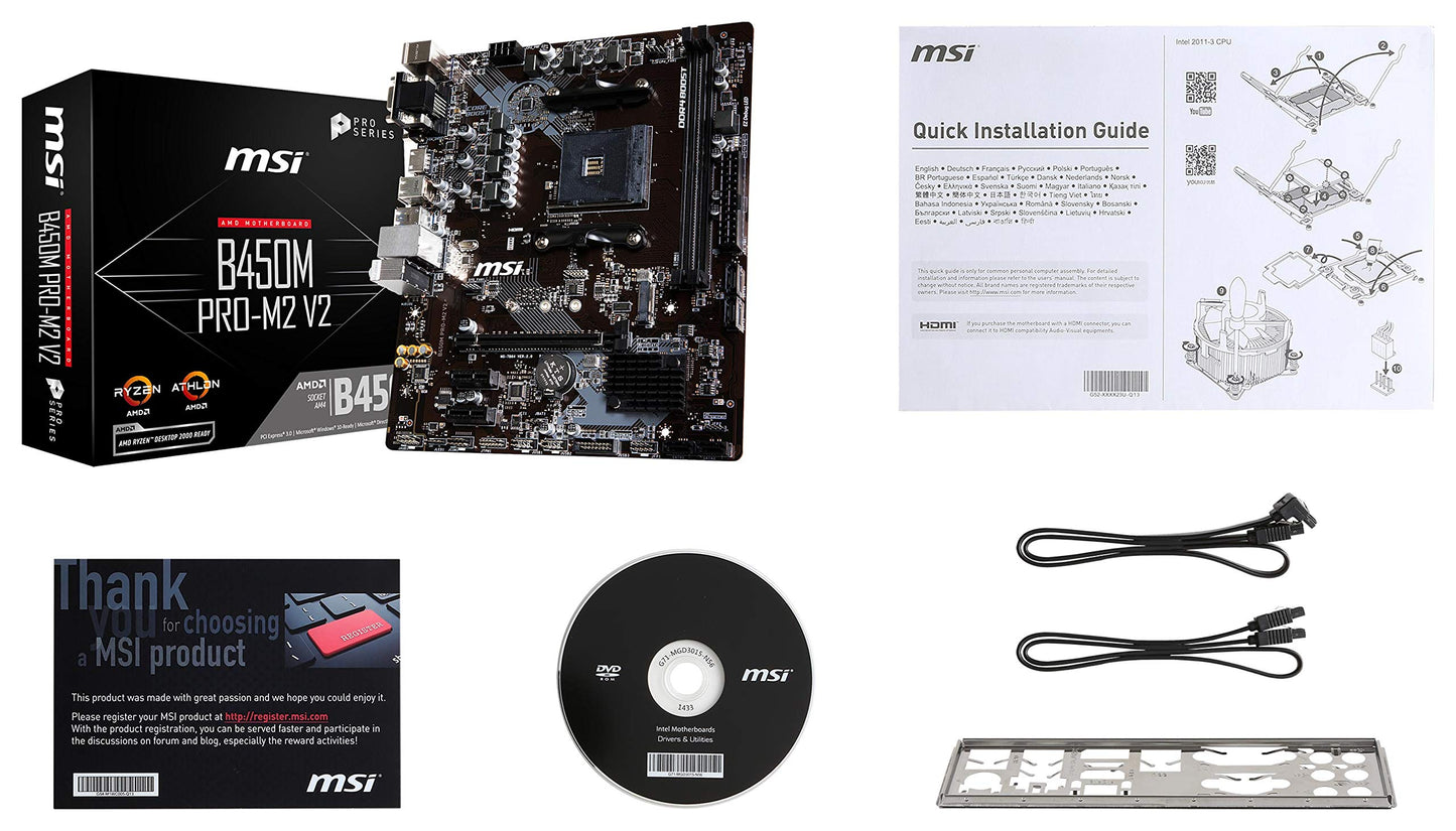 MSI ProSeries AMD Ryzen 1st and 2nd Gen AM4 M.2 USB 3 DDR4 D-SUB DVI HDMI Micro-ATX Motherboard (B450M PRO-M2 V2)