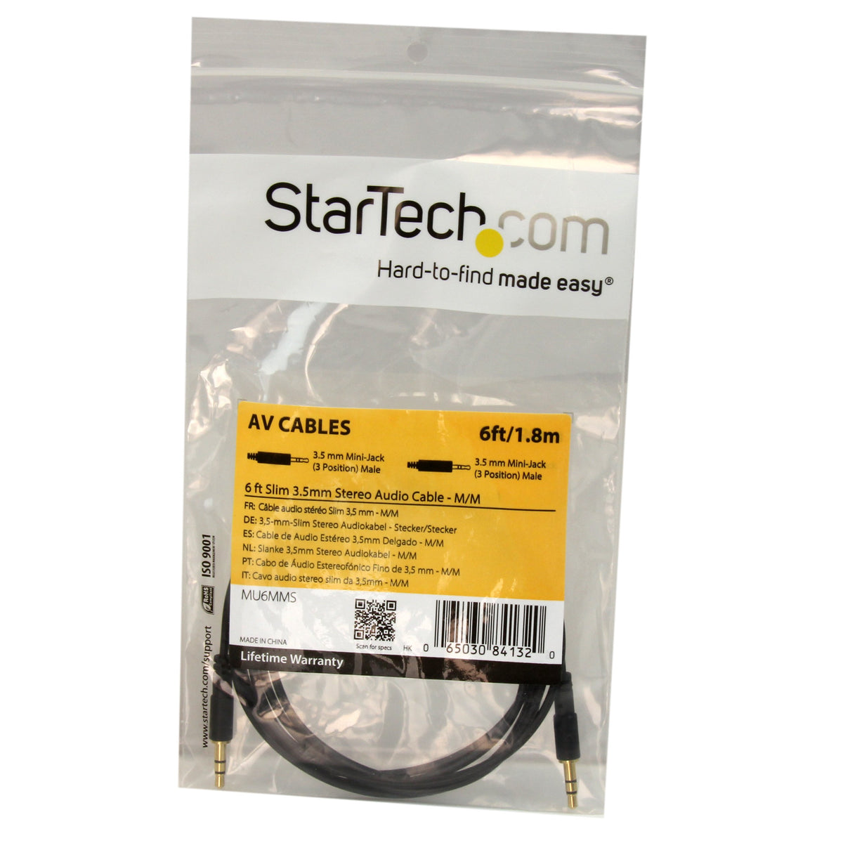 STARTECH MU6MMS Slim 3.5mm Stereo Audio Cable - M/M (6 Feet), Black