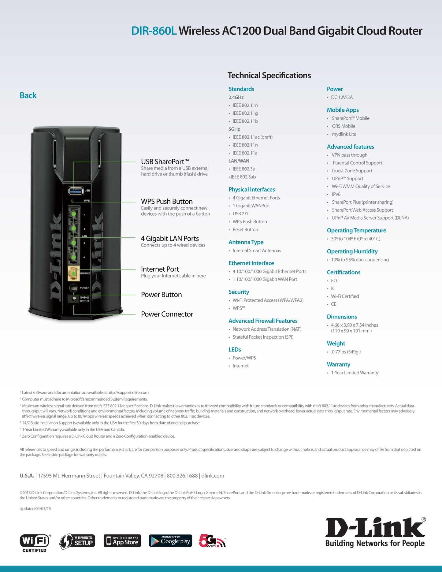 Open Box D-Link Wireless AC Smartbeam 1200 Mbps Home Cloud App Enabled Dual Band Gigabit Router (DIR-860L)