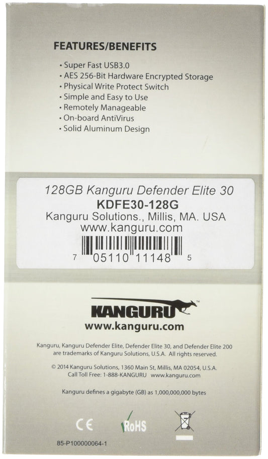 Kanguru Defender Elite30, Hardware Encrypted, Secure, SuperSpeed USB 3.0 Flash Drive, 128G