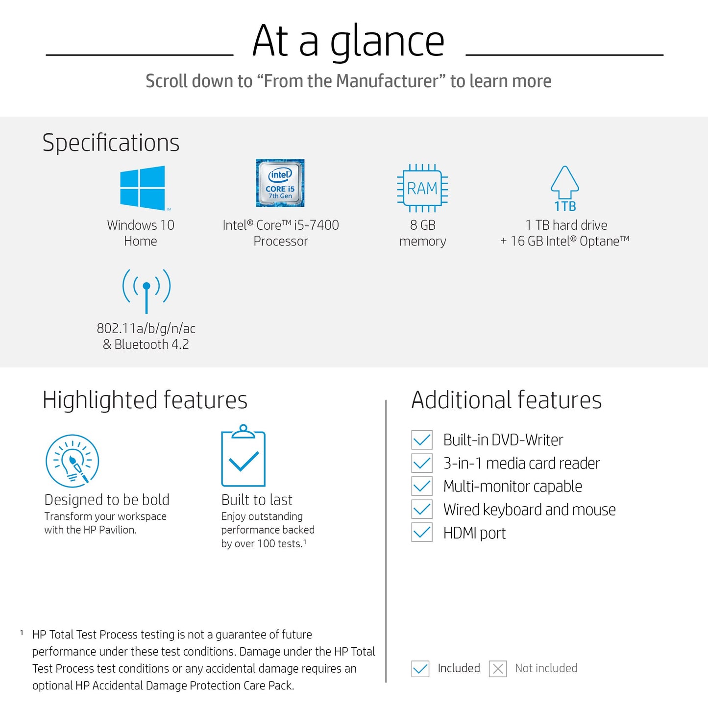 HP Pavilion Desktop Computer, Intel Core i5-7400, 8GB RAM, 1TB Hard Drive, 16GB Intel Optane, Windows 10 (570-p050, Black)