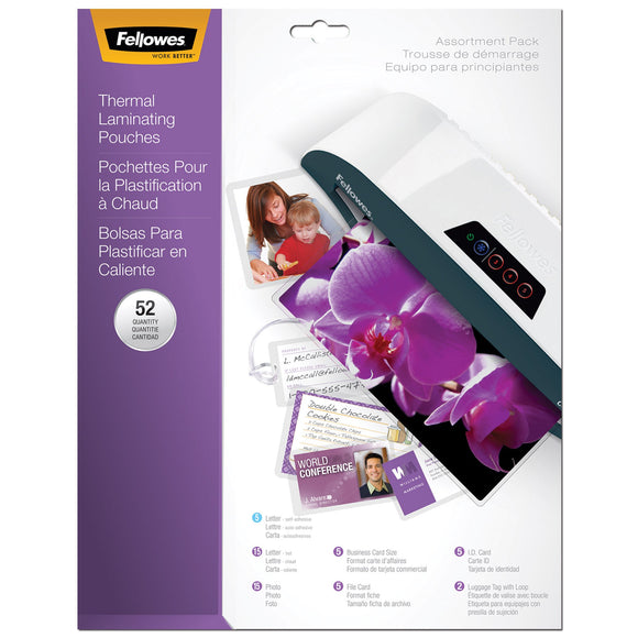 Fellowes Laminating Pouch Starter Kit, 52 Pack -9-Inch Width x 11.50-Inch Lengthx3 mil Thickness -Type G -Glossy -52/Pack -Clear