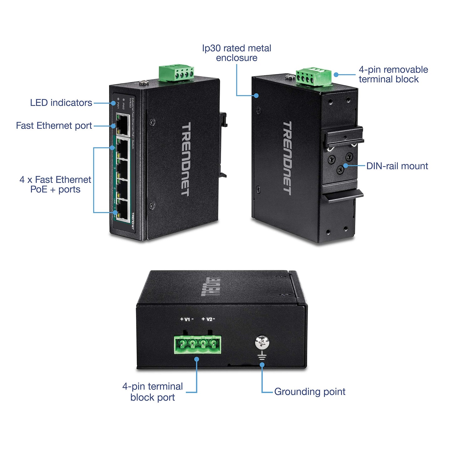 TRENDnet 5-Port Industrial Fast Ethernet PoE+ DIN-Rail Switch, 4 X Fast Ethernet PoE+ Ports, 1 X Fast Ethernet Port, 90W PoE Power Budget, 1 Gbps Switch Capacity