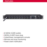 CyberPower PDU81002 Switched Metered-by-Outlet PDU, 20A, 100-120V, 8 Outlets (5-20R), 1U Rack-Mount