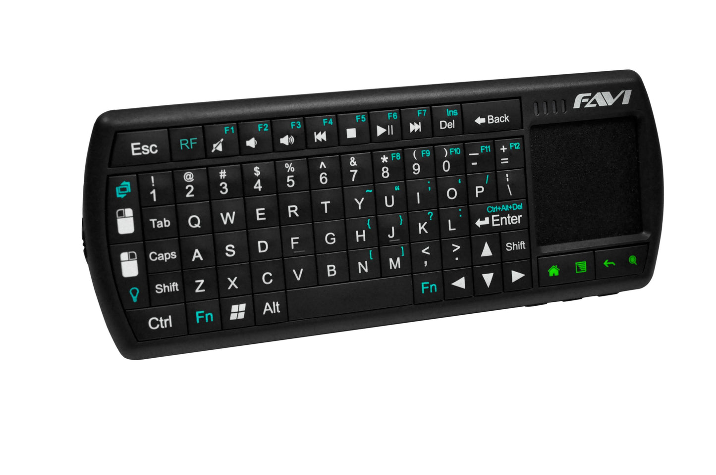 FAVI FE02 Wireless USB Backlit Mini Keyboard - Built-In Full Qwerty Keyboard, Touchpad Mouse & Laser Pointer - Rechargeable Battery - Black (FE02RF-BL)