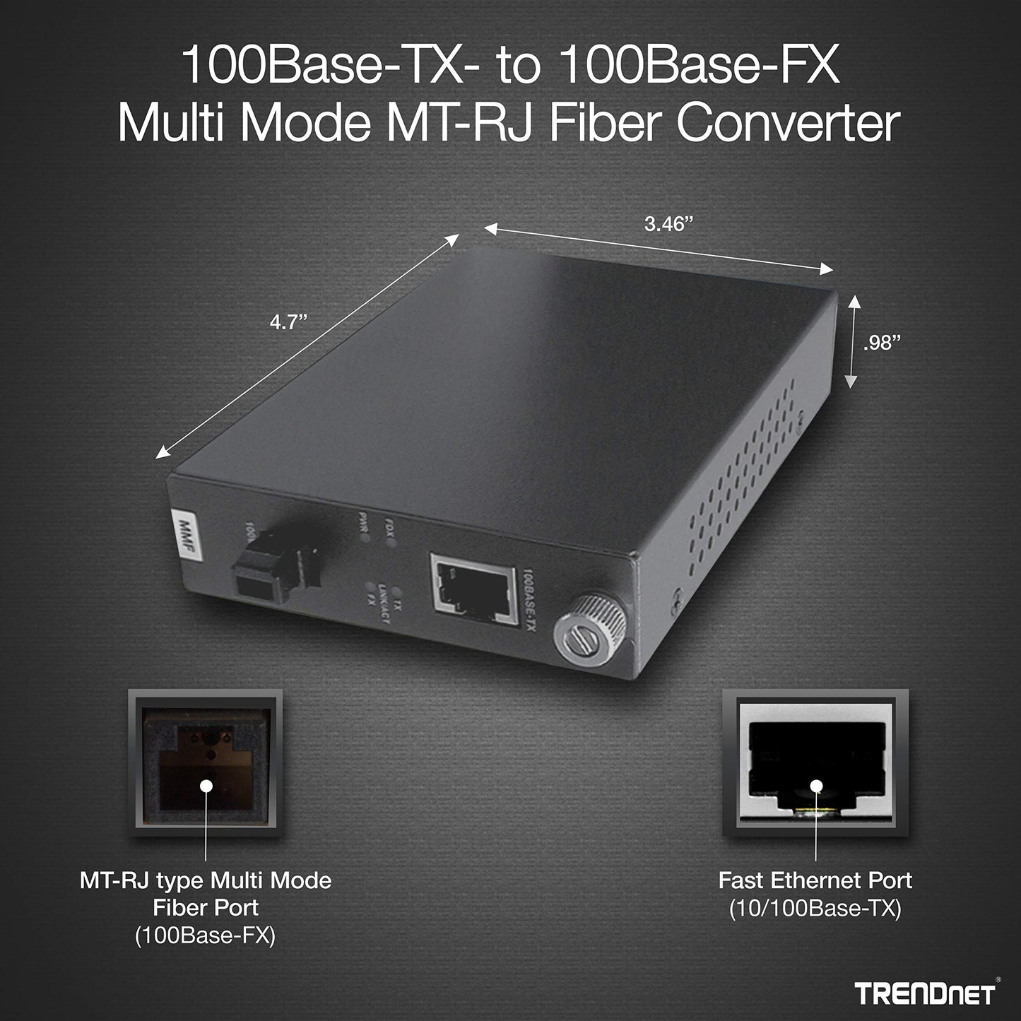 TRENDnet 100Base-TX to 100Base-FX Multi Mode MT-RJ Fiber Converter (2 Km /1.2 Miles), Lifetime Protection, TFC-110MM