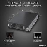 TRENDnet 100Base-TX to 100Base-FX Multi Mode MT-RJ Fiber Converter (2 Km /1.2 Miles), Lifetime Protection, TFC-110MM