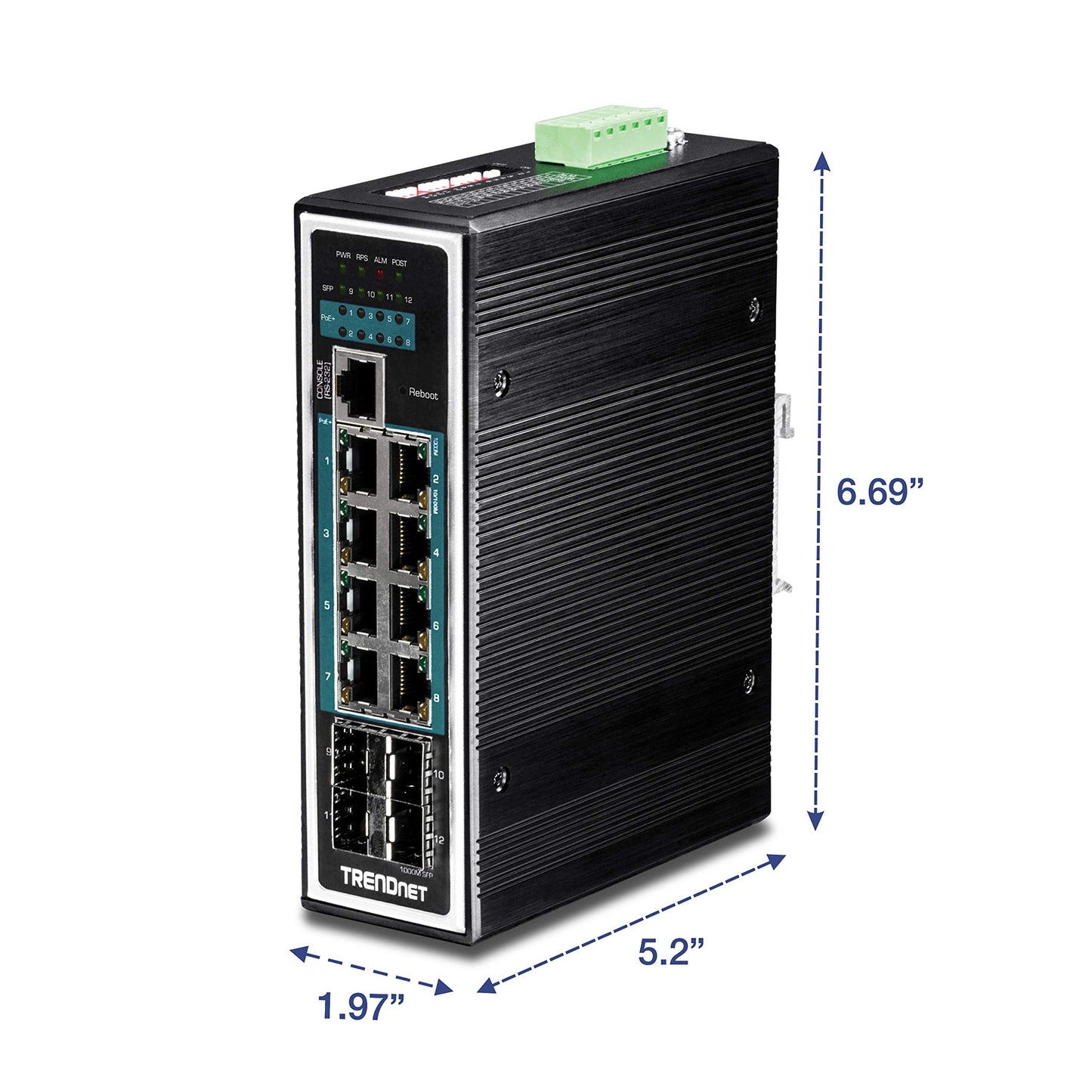 TRENDnet 12-Port Hardened Industrial Gigabit PoE+ Layer 2+ Managed DIN-Rail Switch, TI-PG1284i, 240 W Power Budget, Hardened IP30 Network Ethernet Gigabit PoE+ Switch, Lifetime Protection