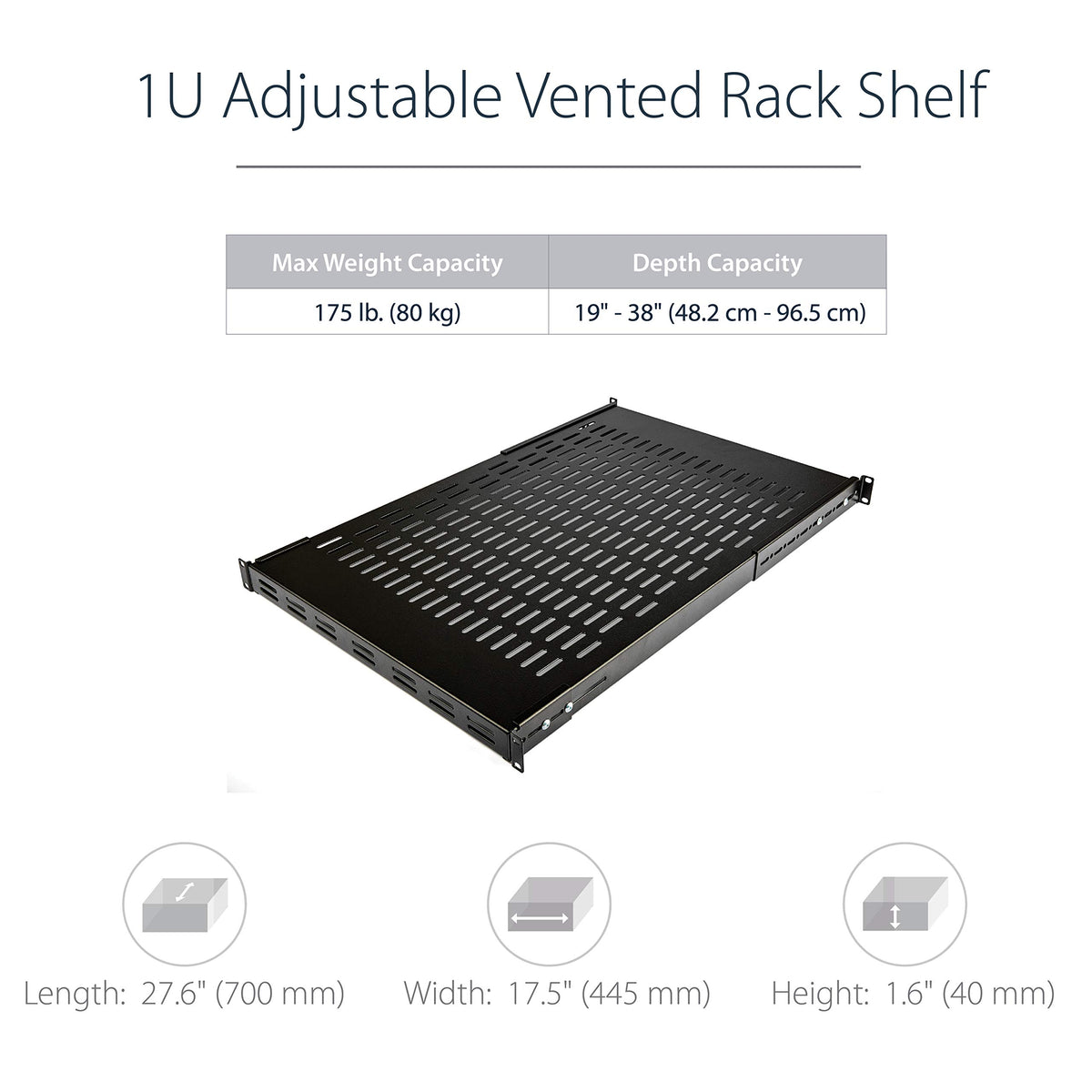 StarTech.com 1U Adjustable Vented Server Rack Mount Shelf - 175lbs - 19.5 to 38in Deep Universal Tray for 19" AV/Network Equipment Rack (ADJSHELF)