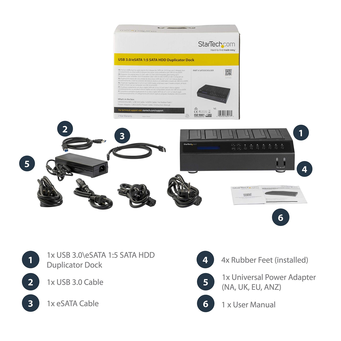 StarTech.com 6 Bay USB 3.0/ eSATA Duplicator and Eraser Dock for 2.5" & 3.5" SATA SSD HDD - 1:5 Standalone Cloner & Wiper Docking Station (SATDOCK5U3ER)
